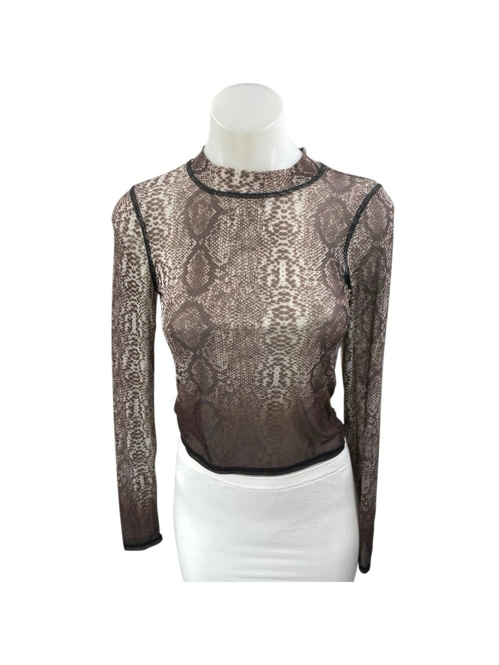NEW Steele Brown Animal Snake Print Long Sleeve High Neck Crop Shirt Top Size S